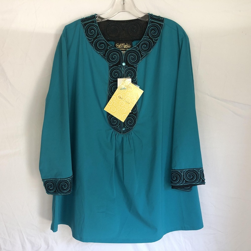 Bob Mackie Wearable Art Blouse Womens 1X Blue Teal Beaded Embroidered Tunic Top